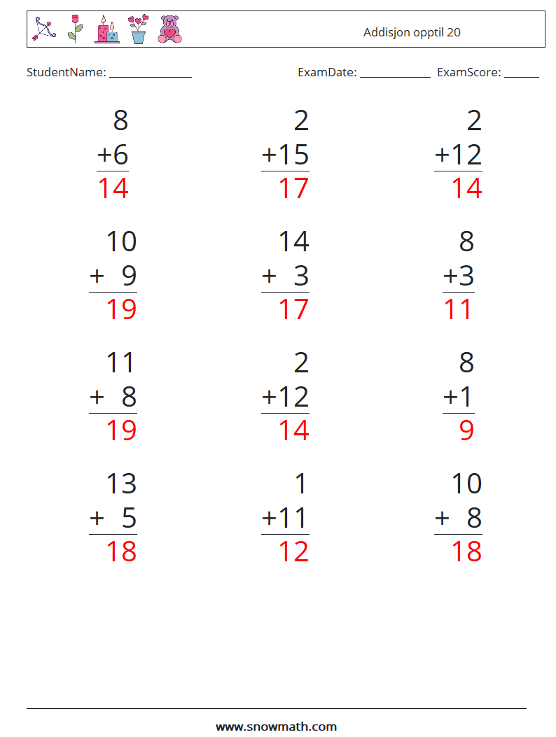 (12) Addisjon opptil 20 MathWorksheets 5 QuestionAnswer