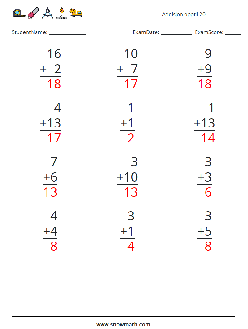 (12) Addisjon opptil 20 MathWorksheets 6 QuestionAnswer