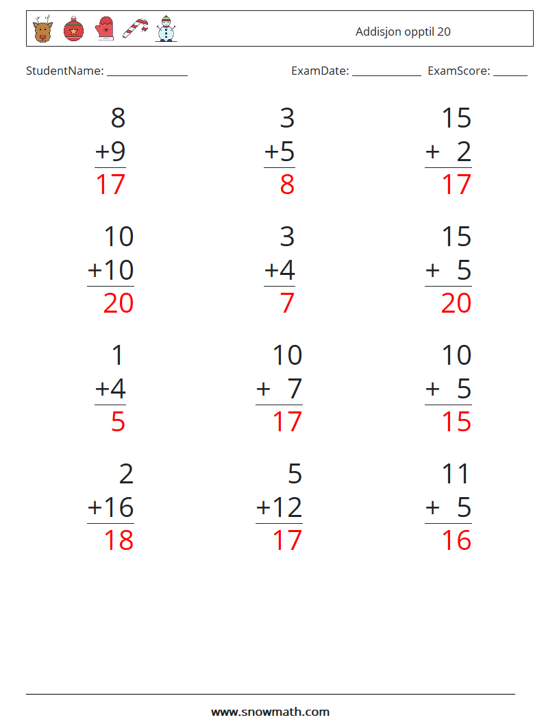 (12) Addisjon opptil 20 MathWorksheets 7 QuestionAnswer