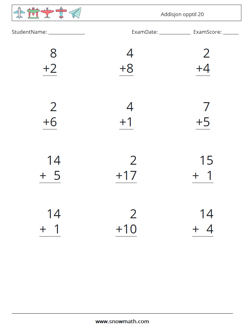 (12) Addisjon opptil 20 MathWorksheets 8