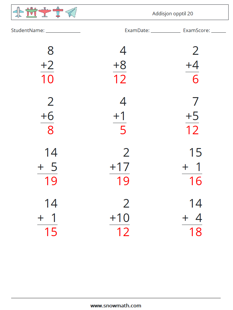 (12) Addisjon opptil 20 MathWorksheets 8 QuestionAnswer