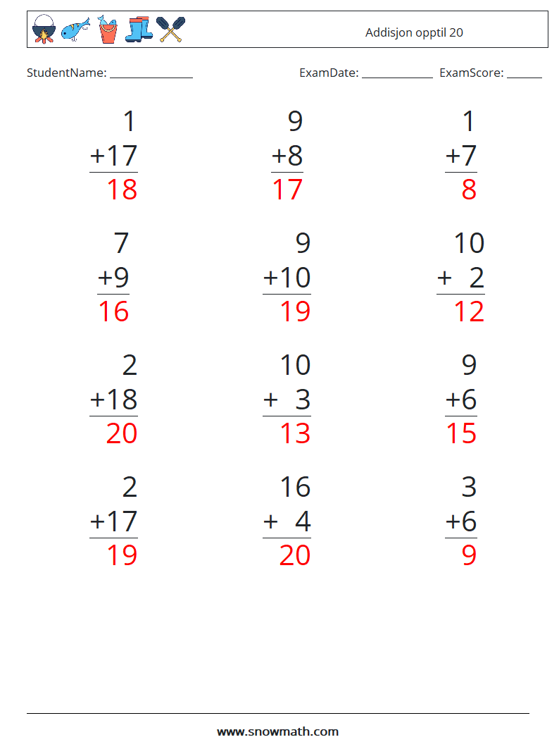 (12) Addisjon opptil 20 MathWorksheets 9 QuestionAnswer