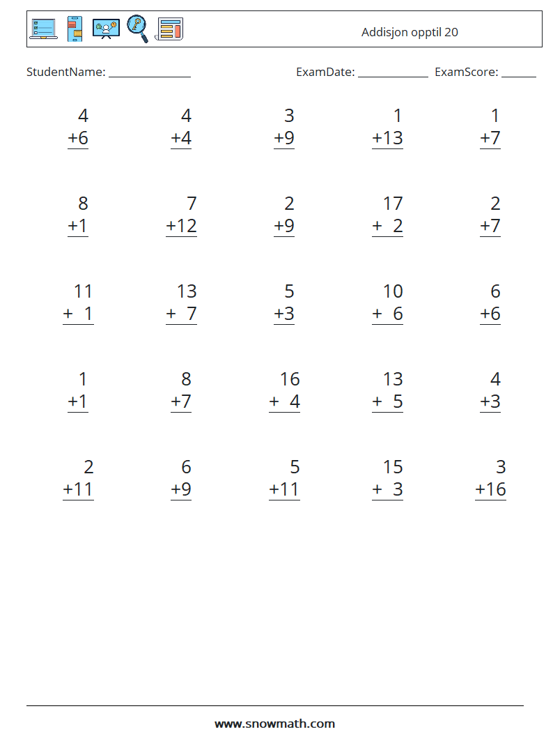 (25) Addisjon opptil 20 MathWorksheets 1