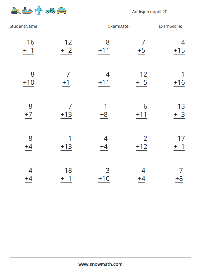 (25) Addisjon opptil 20 MathWorksheets 12