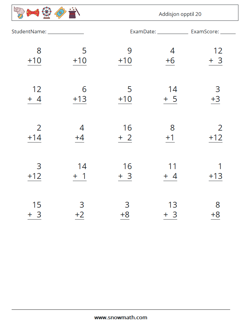 (25) Addisjon opptil 20 MathWorksheets 14