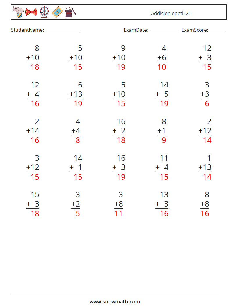 (25) Addisjon opptil 20 MathWorksheets 14 QuestionAnswer