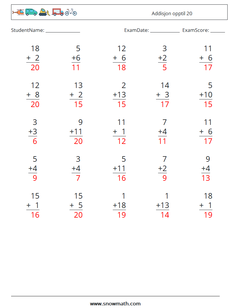 (25) Addisjon opptil 20 MathWorksheets 16 QuestionAnswer