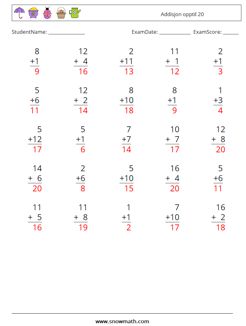 (25) Addisjon opptil 20 MathWorksheets 8 QuestionAnswer