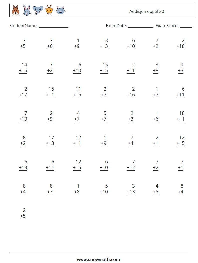 (50) Addisjon opptil 20 MathWorksheets 12