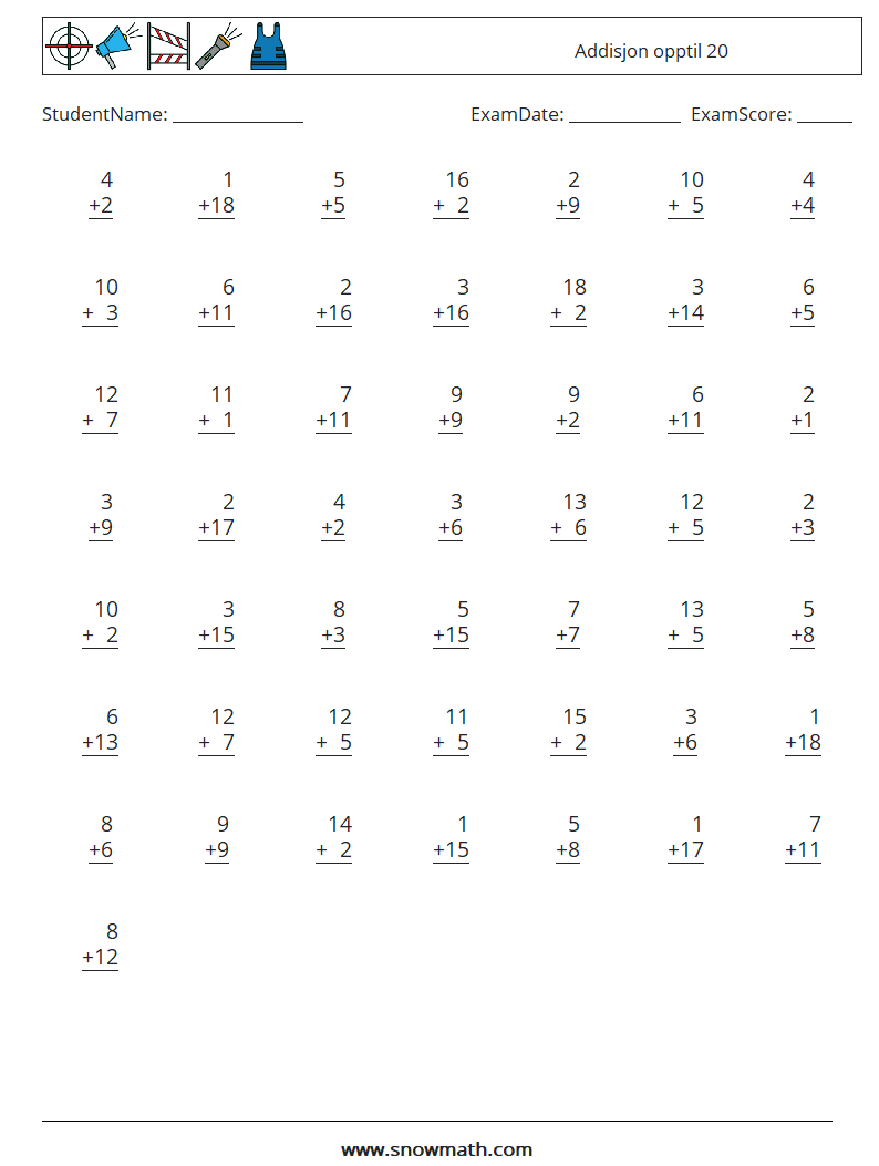 (50) Addisjon opptil 20 MathWorksheets 13