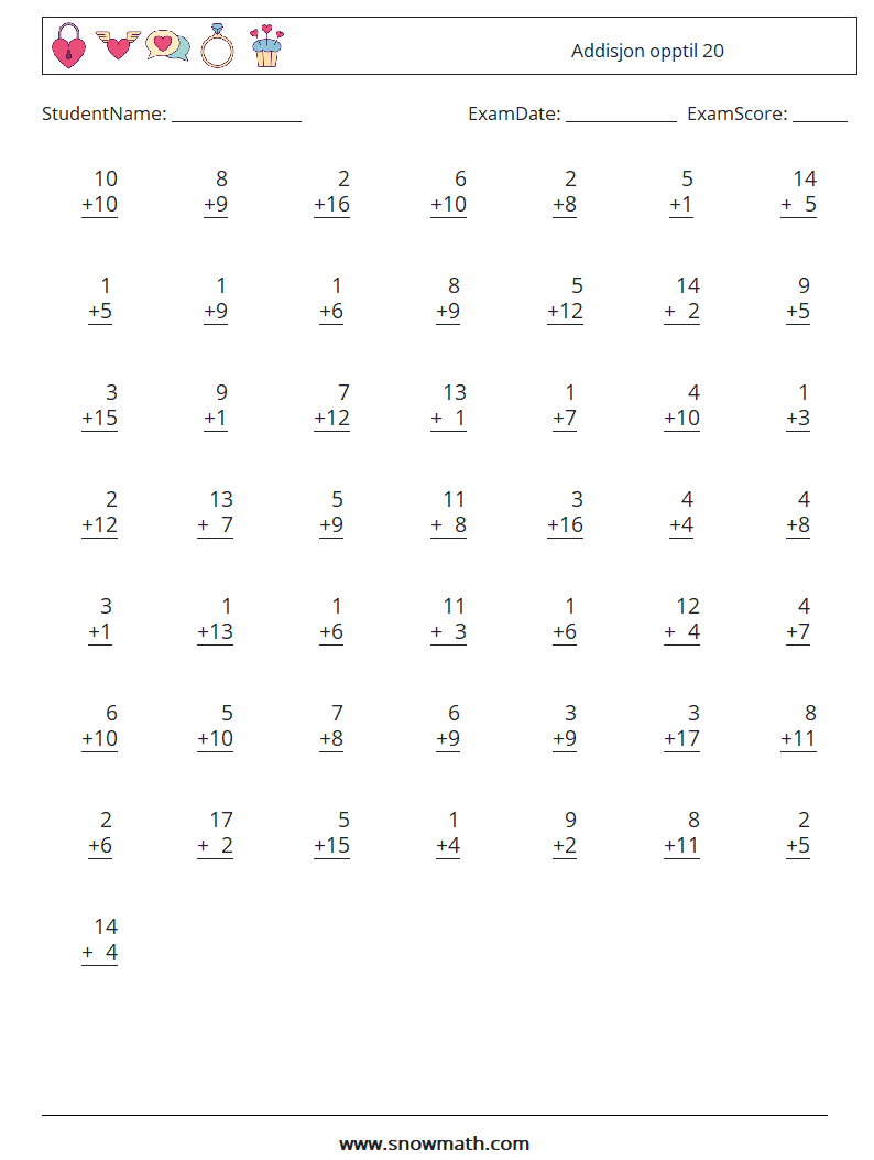 (50) Addisjon opptil 20 MathWorksheets 14