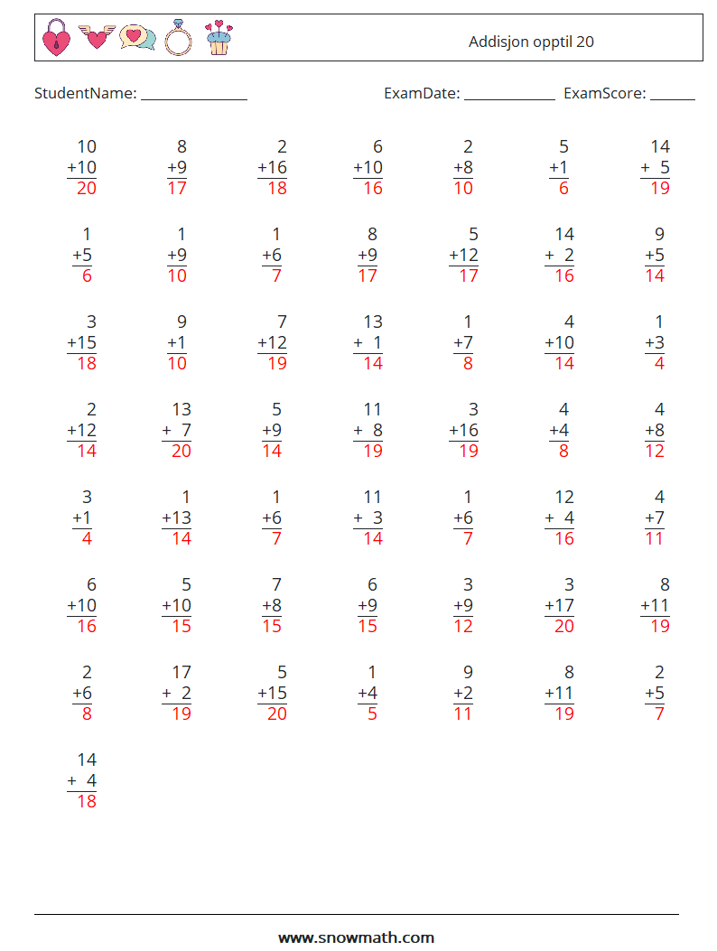 (50) Addisjon opptil 20 MathWorksheets 14 QuestionAnswer