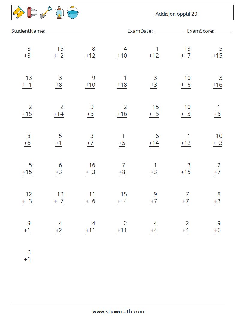 (50) Addisjon opptil 20 MathWorksheets 16