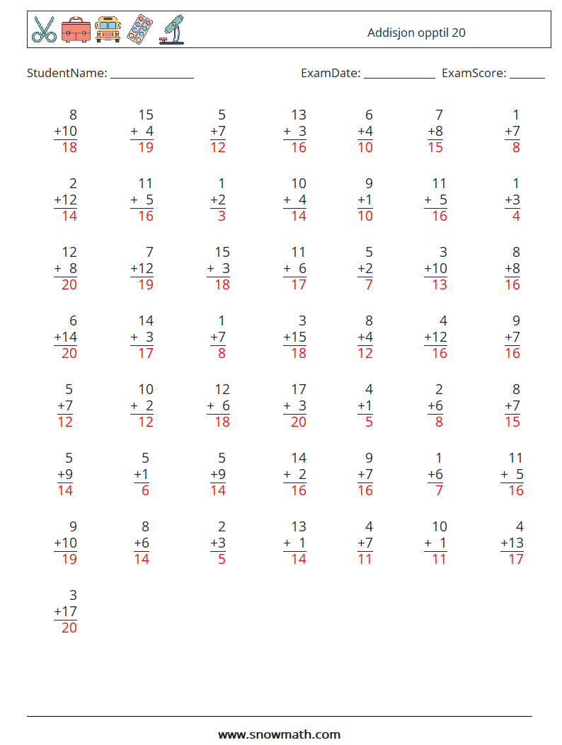 (50) Addisjon opptil 20 MathWorksheets 17 QuestionAnswer