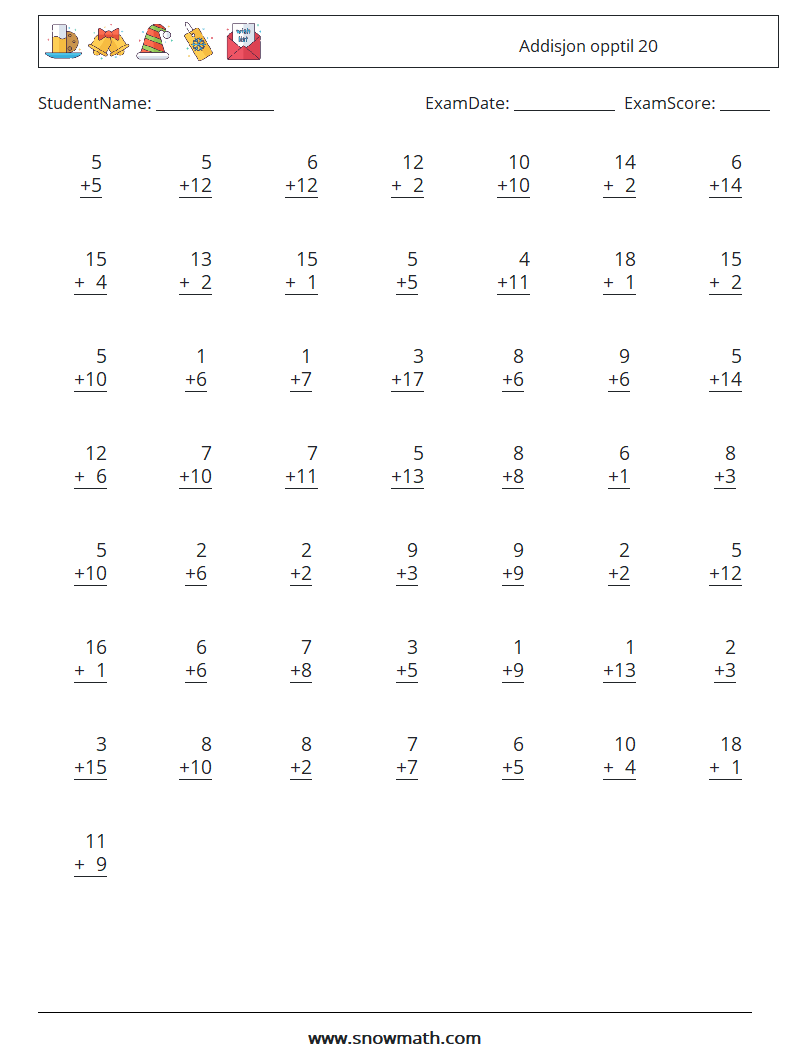 (50) Addisjon opptil 20 MathWorksheets 18