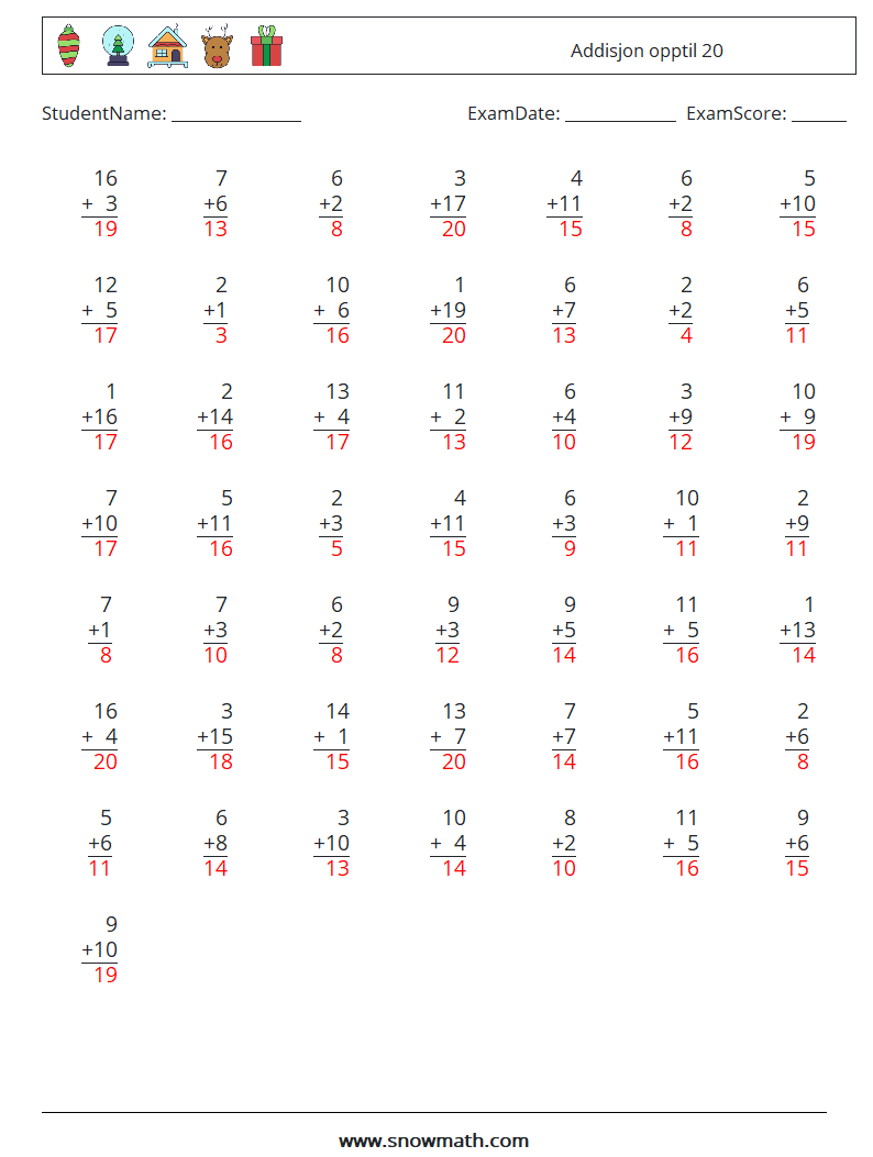 (50) Addisjon opptil 20 MathWorksheets 1 QuestionAnswer