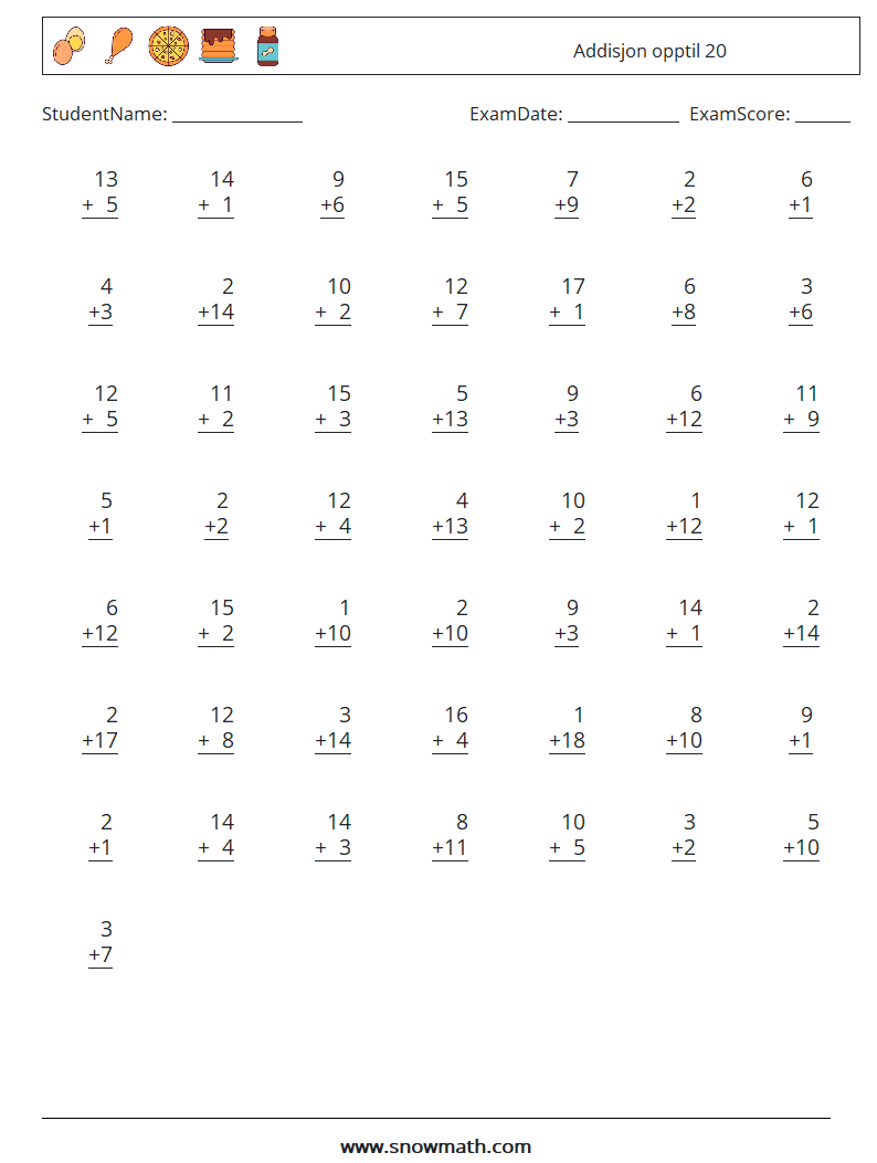 (50) Addisjon opptil 20 MathWorksheets 2