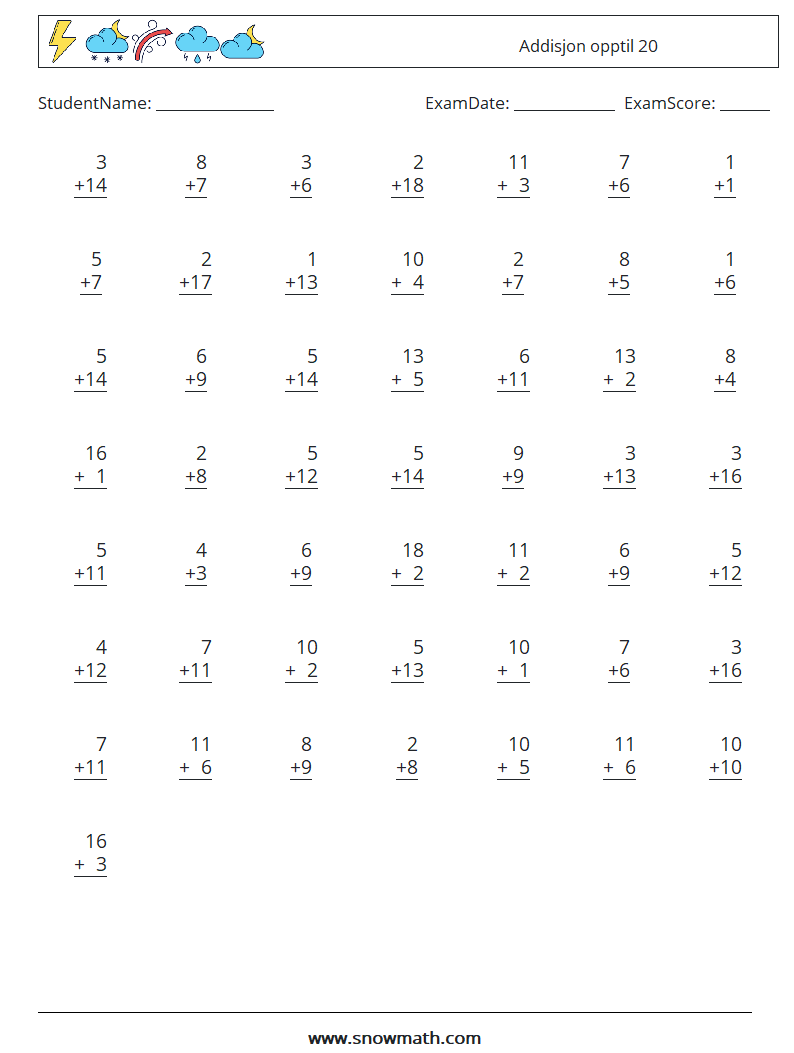 (50) Addisjon opptil 20 MathWorksheets 3