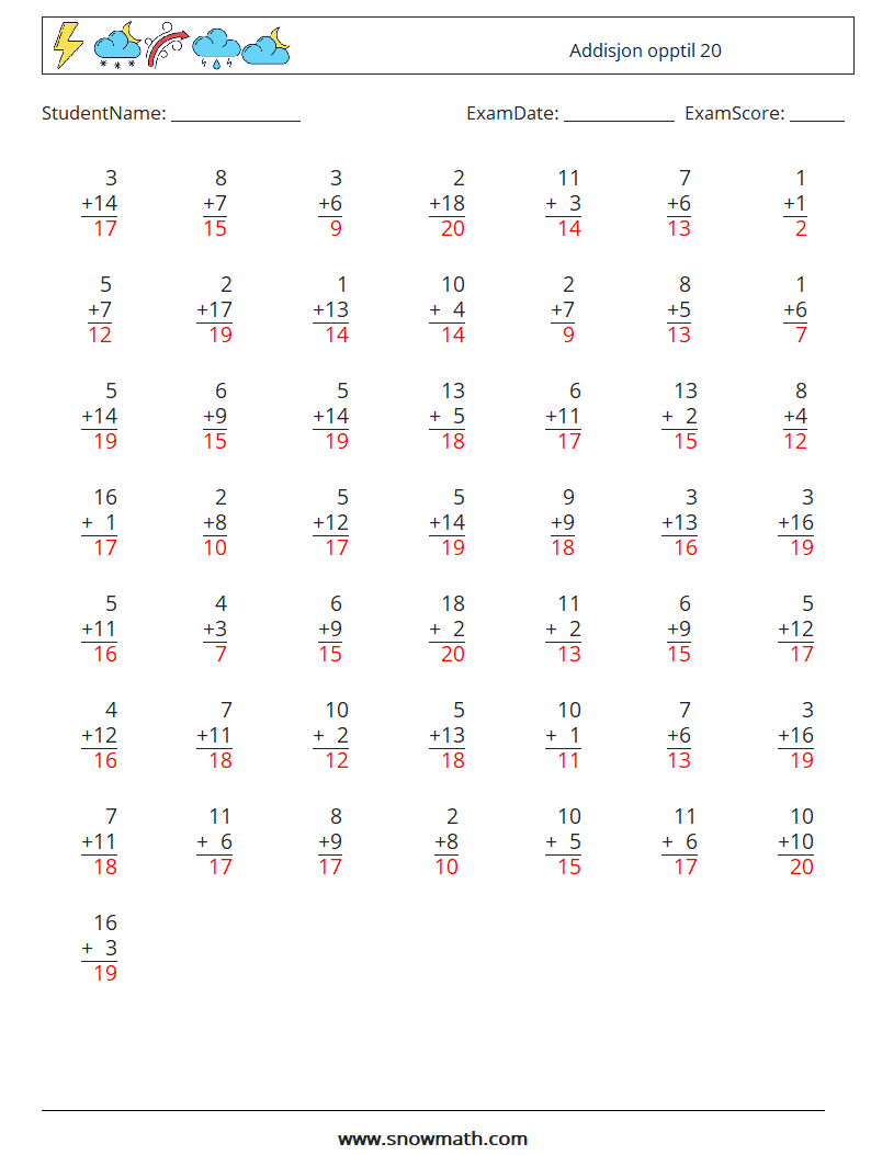 (50) Addisjon opptil 20 MathWorksheets 3 QuestionAnswer