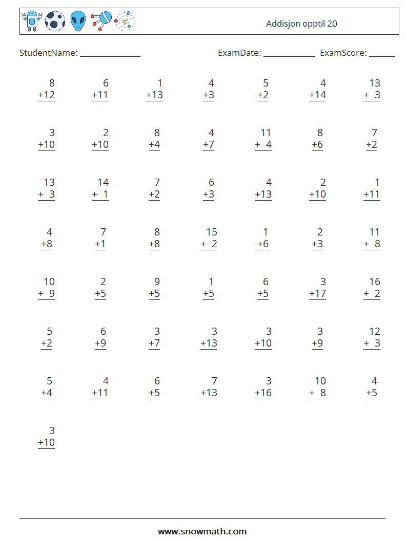 (50) Addisjon opptil 20 MathWorksheets 4