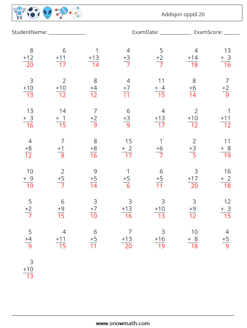 (50) Addisjon opptil 20 MathWorksheets 4 QuestionAnswer