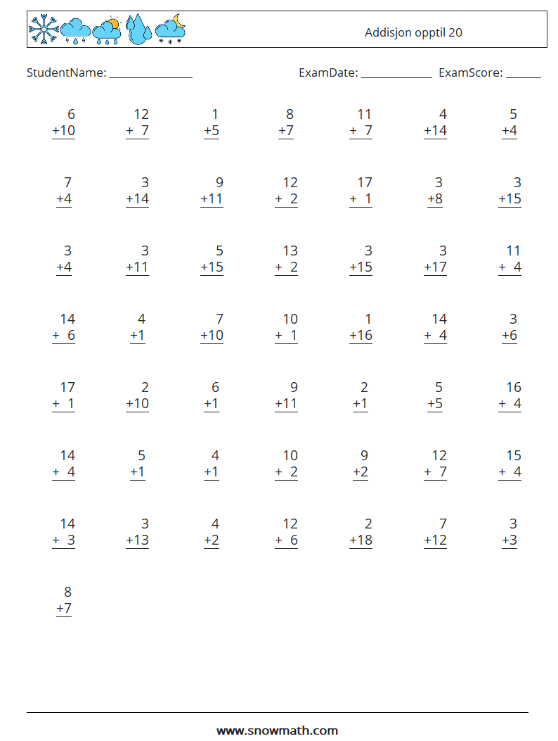 (50) Addisjon opptil 20 MathWorksheets 5