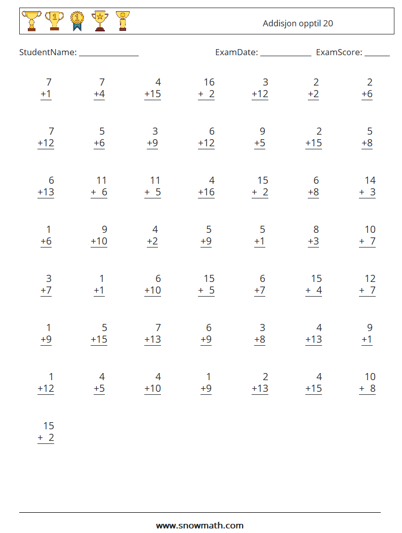 (50) Addisjon opptil 20 MathWorksheets 6