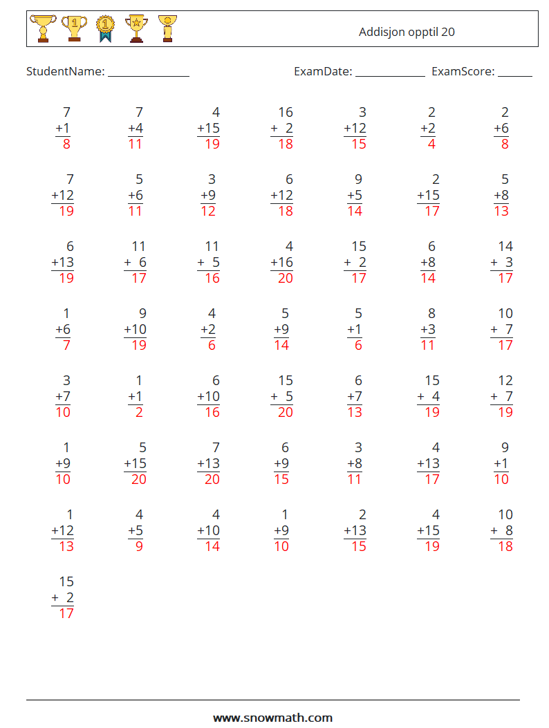 (50) Addisjon opptil 20 MathWorksheets 6 QuestionAnswer