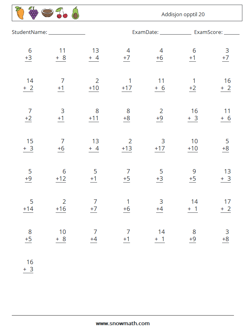 (50) Addisjon opptil 20 MathWorksheets 7