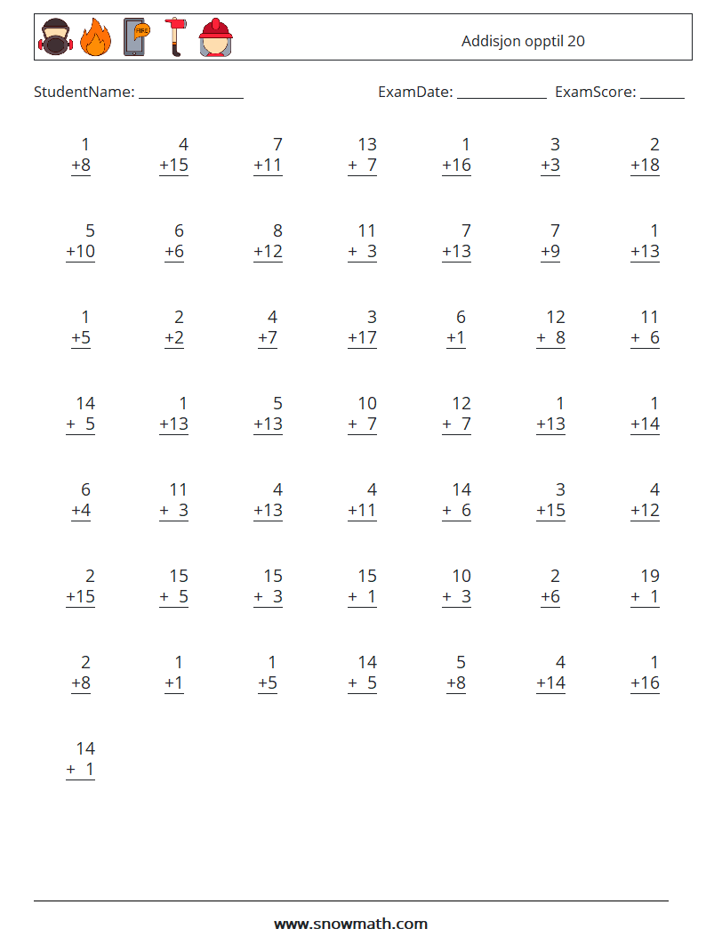 (50) Addisjon opptil 20 MathWorksheets 8