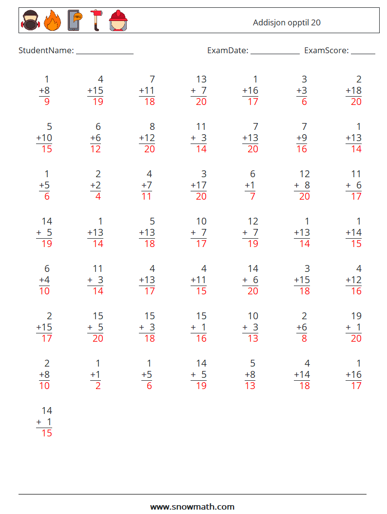 (50) Addisjon opptil 20 MathWorksheets 8 QuestionAnswer