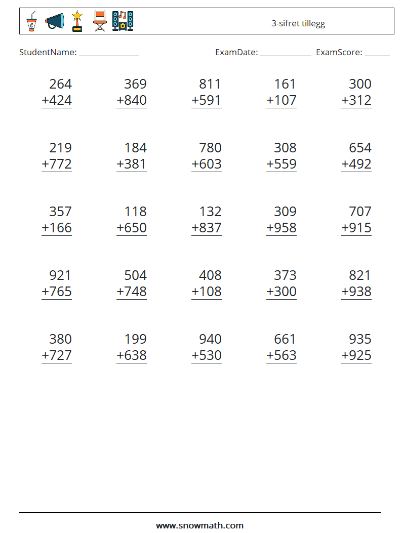 (25) 3-sifret tillegg MathWorksheets 1