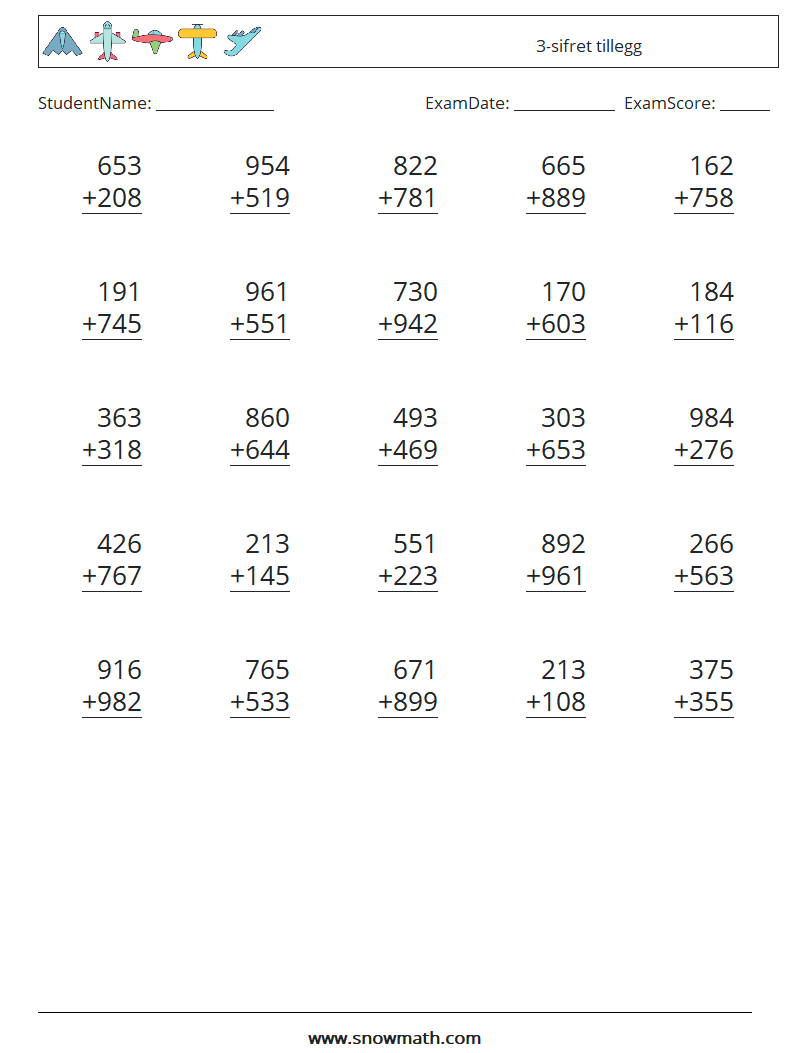 (25) 3-sifret tillegg MathWorksheets 10
