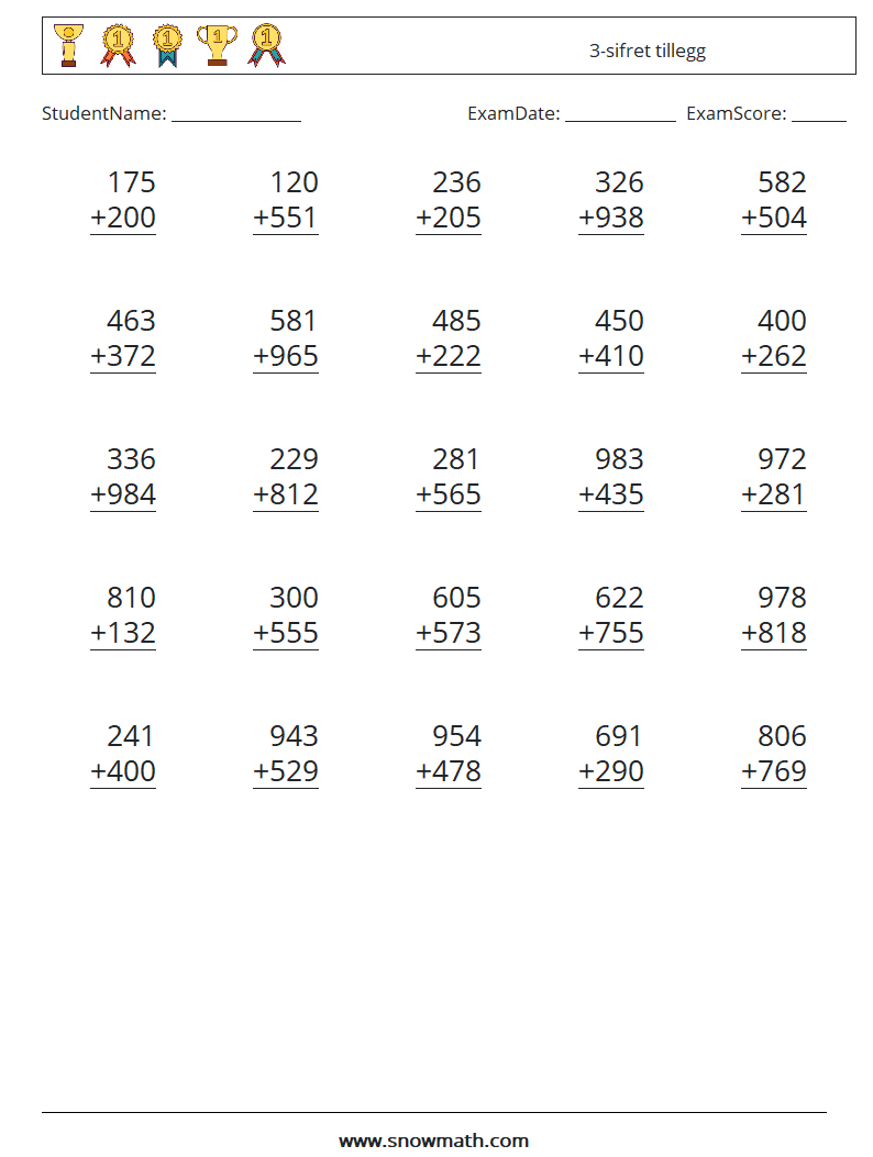 (25) 3-sifret tillegg MathWorksheets 11