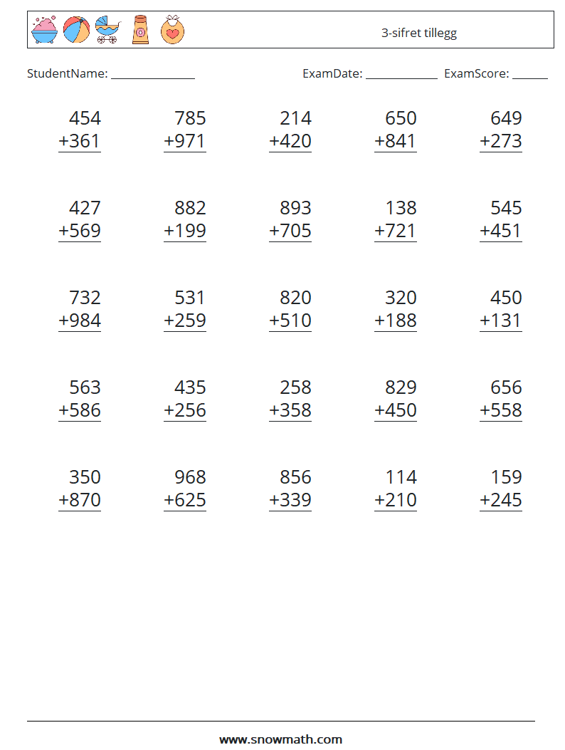 (25) 3-sifret tillegg MathWorksheets 12