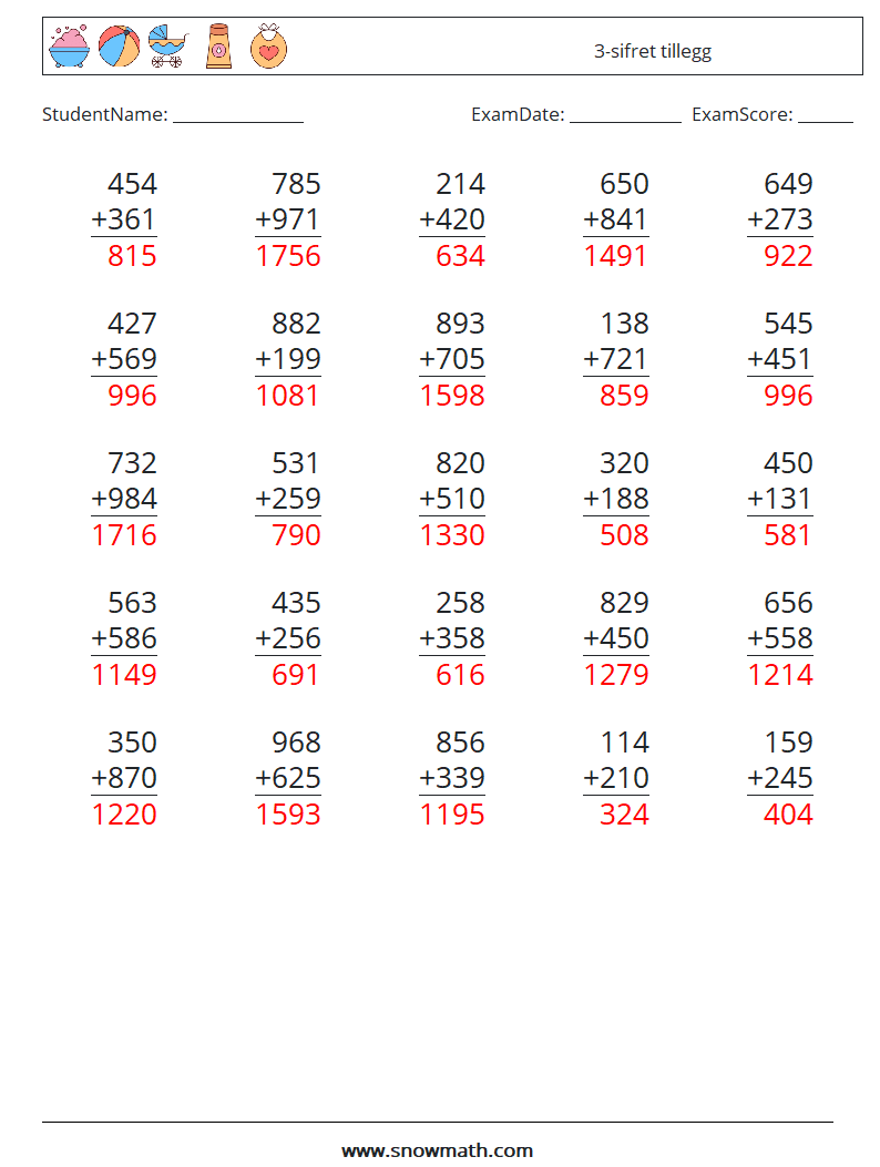 (25) 3-sifret tillegg MathWorksheets 12 QuestionAnswer