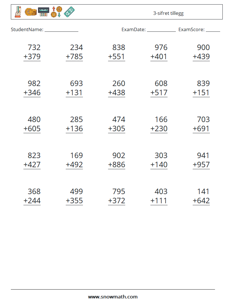 (25) 3-sifret tillegg MathWorksheets 13