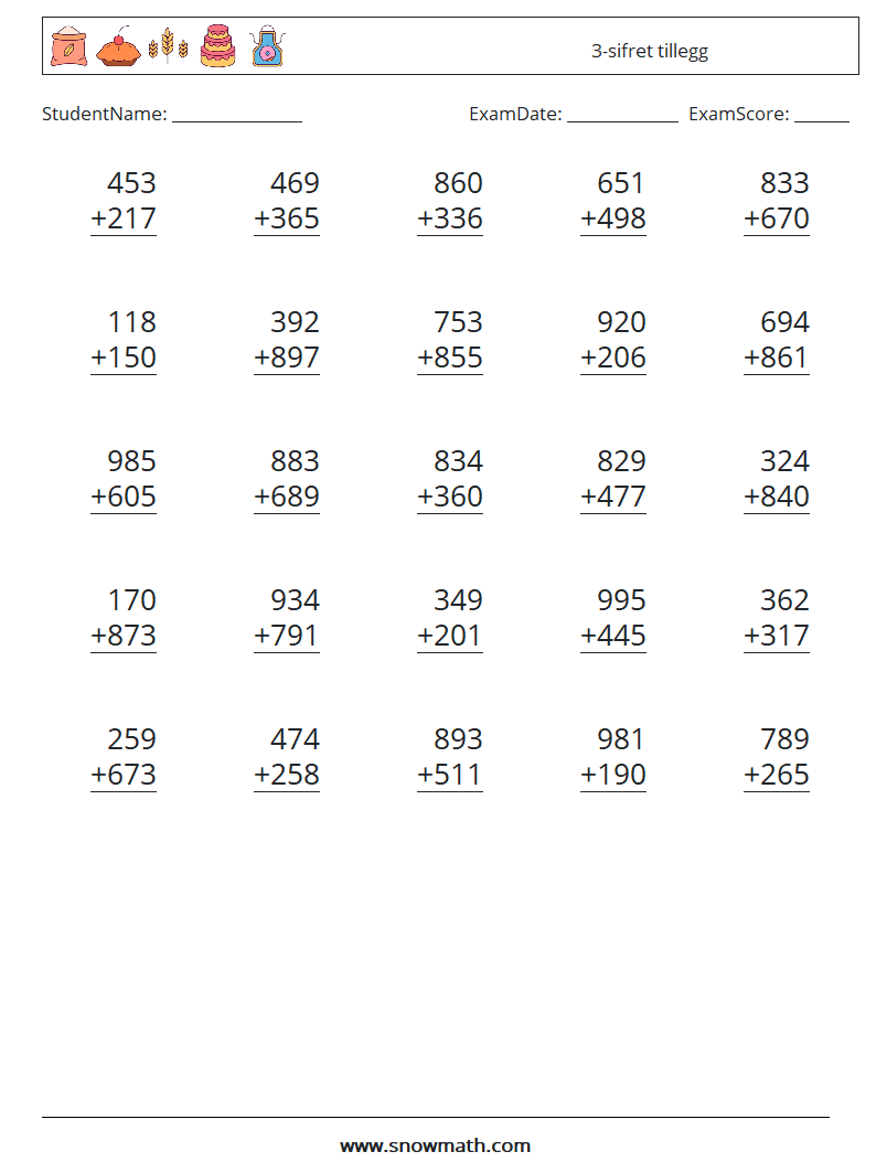 (25) 3-sifret tillegg MathWorksheets 14