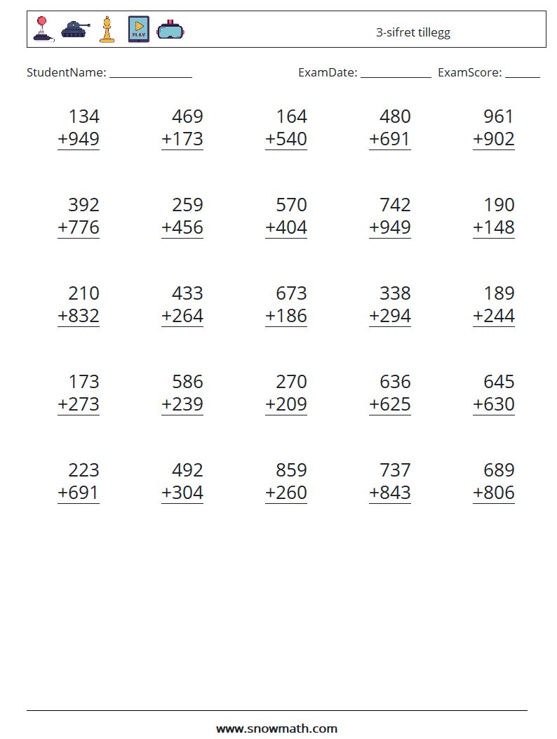 (25) 3-sifret tillegg MathWorksheets 15