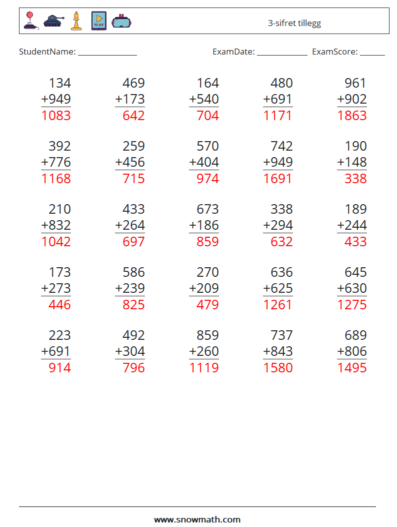 (25) 3-sifret tillegg MathWorksheets 15 QuestionAnswer