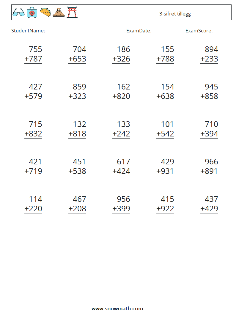 (25) 3-sifret tillegg MathWorksheets 16