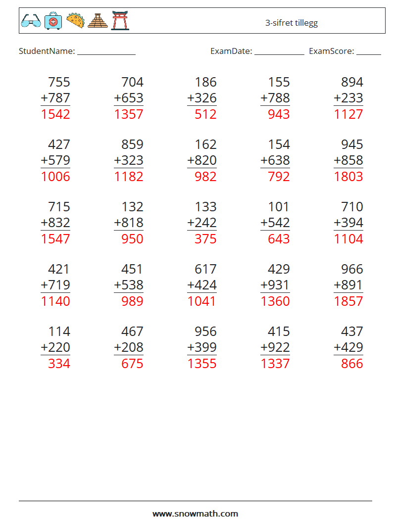 (25) 3-sifret tillegg MathWorksheets 16 QuestionAnswer