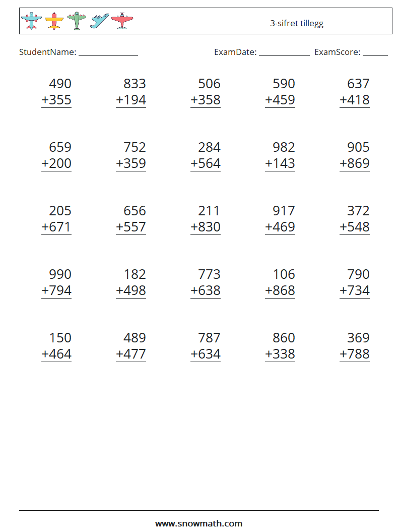 (25) 3-sifret tillegg MathWorksheets 18