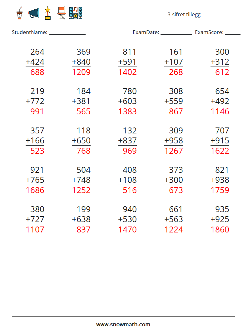 (25) 3-sifret tillegg MathWorksheets 1 QuestionAnswer