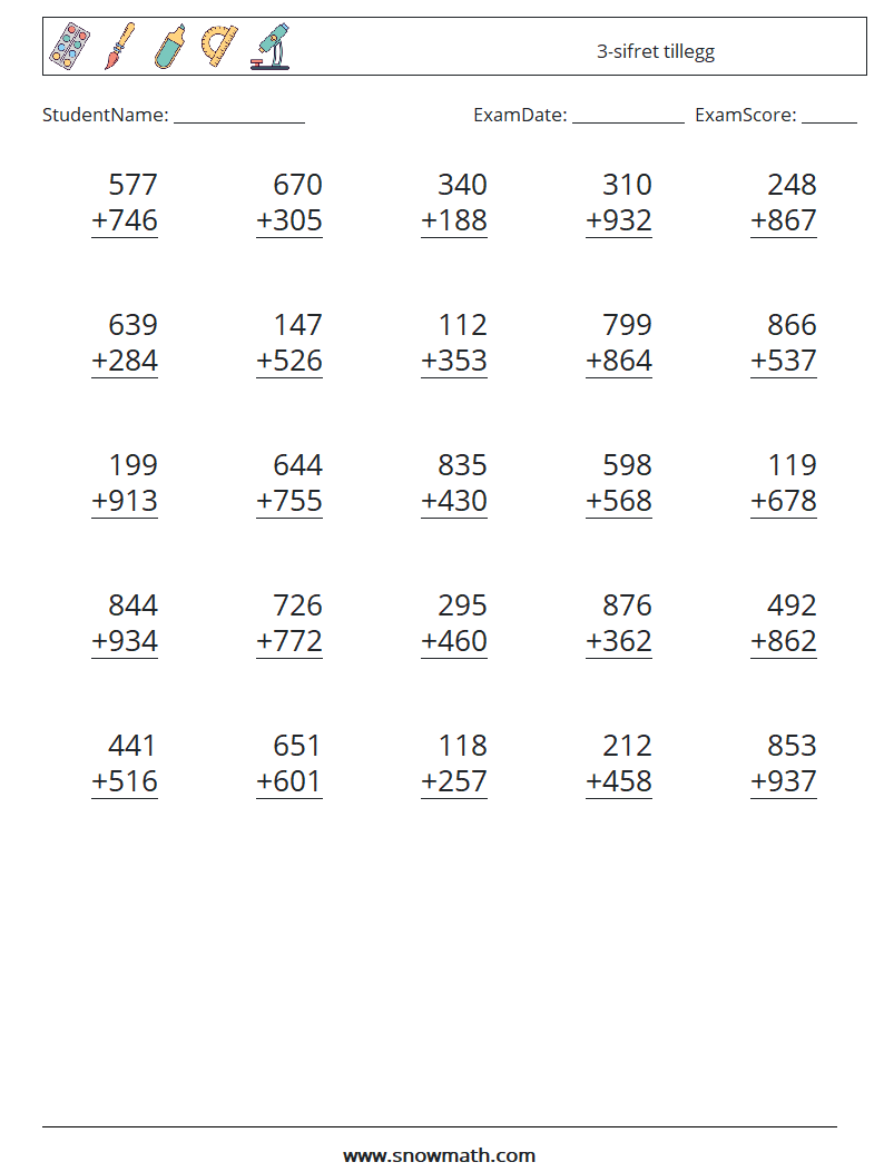 (25) 3-sifret tillegg MathWorksheets 2