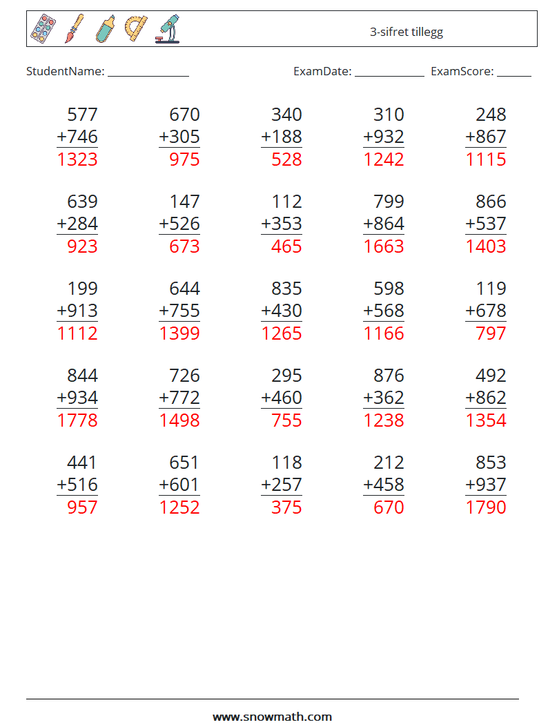 (25) 3-sifret tillegg MathWorksheets 2 QuestionAnswer