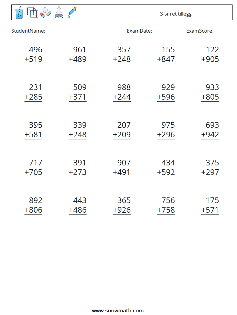 (25) 3-sifret tillegg MathWorksheets 3