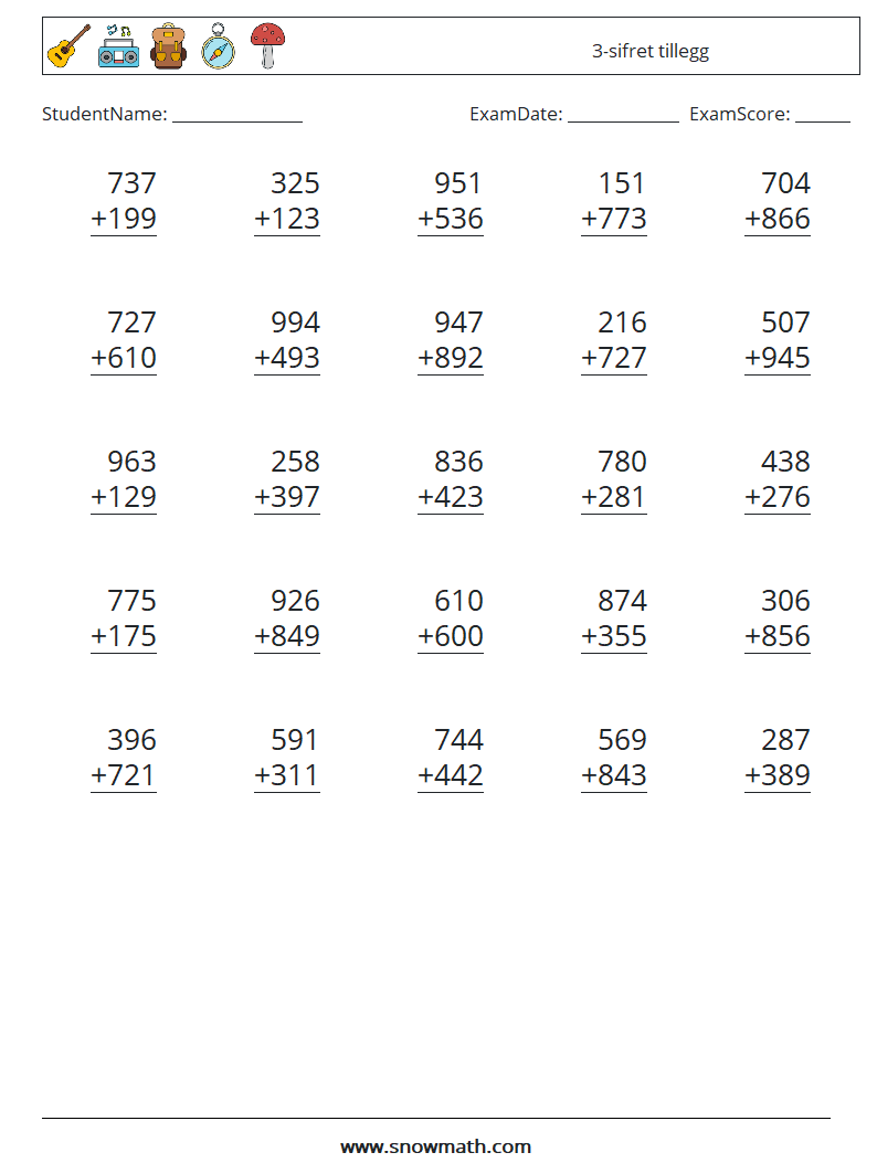 (25) 3-sifret tillegg MathWorksheets 4