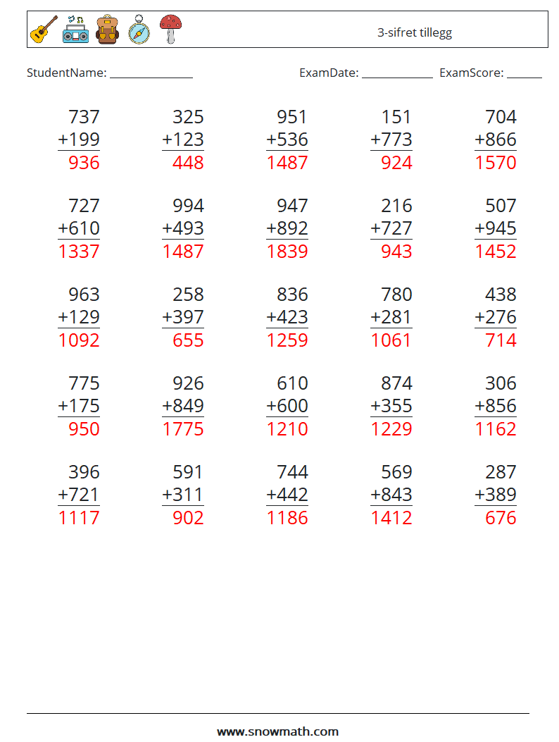 (25) 3-sifret tillegg MathWorksheets 4 QuestionAnswer