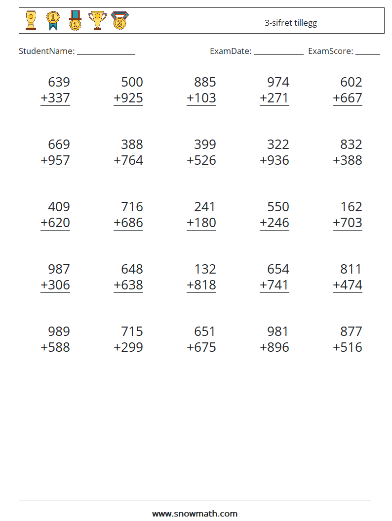 (25) 3-sifret tillegg MathWorksheets 5